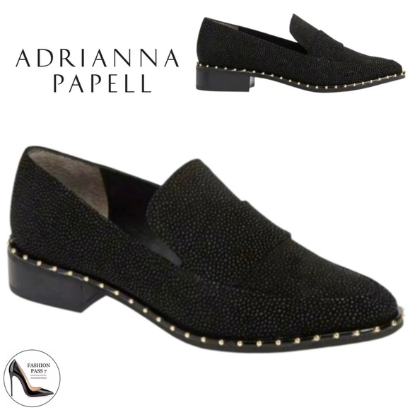 ADRIANNA PAPELL Prestyn Studded Loafers Black Sea Ray Leather block heel Shoes 8 - Picture 1 of 16